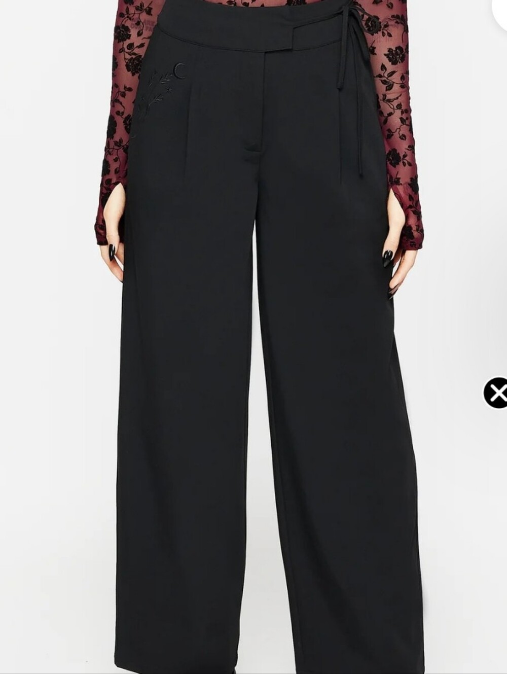 Disturbia Asteria Tie Waist  Black Embroidered  Trousers with Waist Tie Detail.